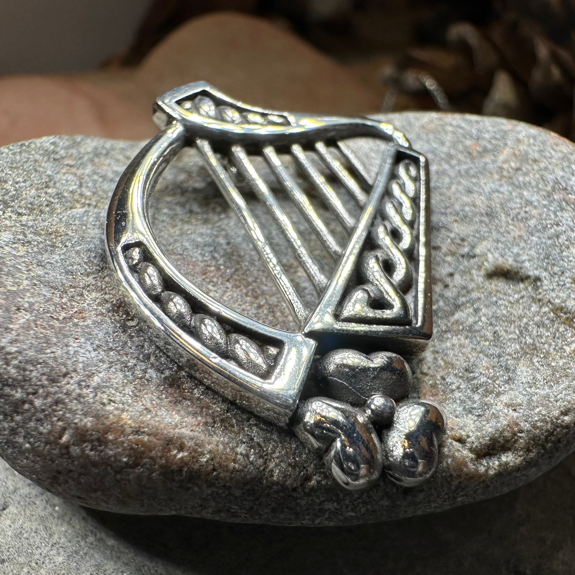Oisin Irish Shamrock Harp Necklace in Sterling Silver — view 3