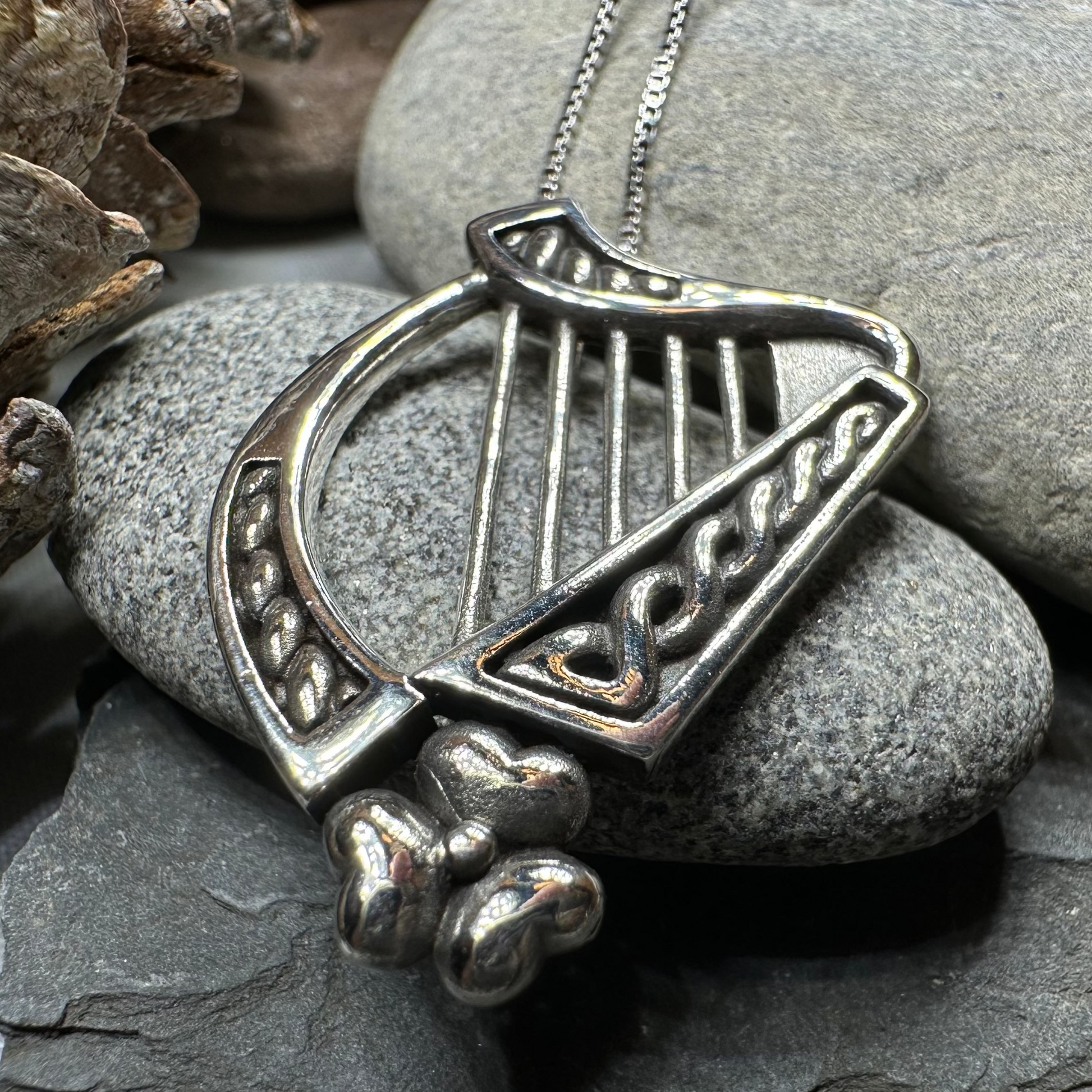 Oisin Irish Shamrock Harp Necklace in Sterling Silver — view 6