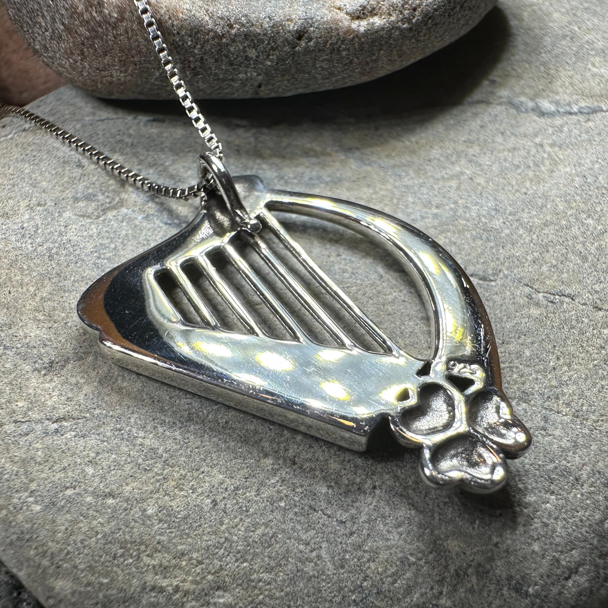 Oisin Irish Shamrock Harp Necklace in Sterling Silver — view 5
