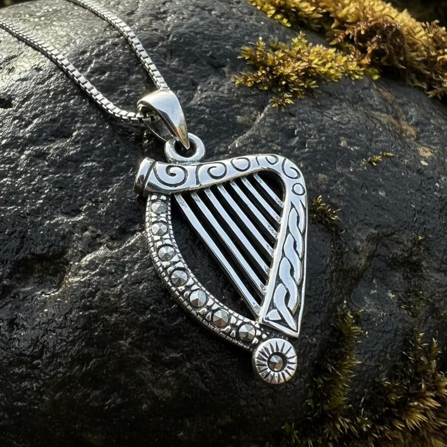 Cinnia Celtic Harp of Ireland Necklace in Sterling Silver