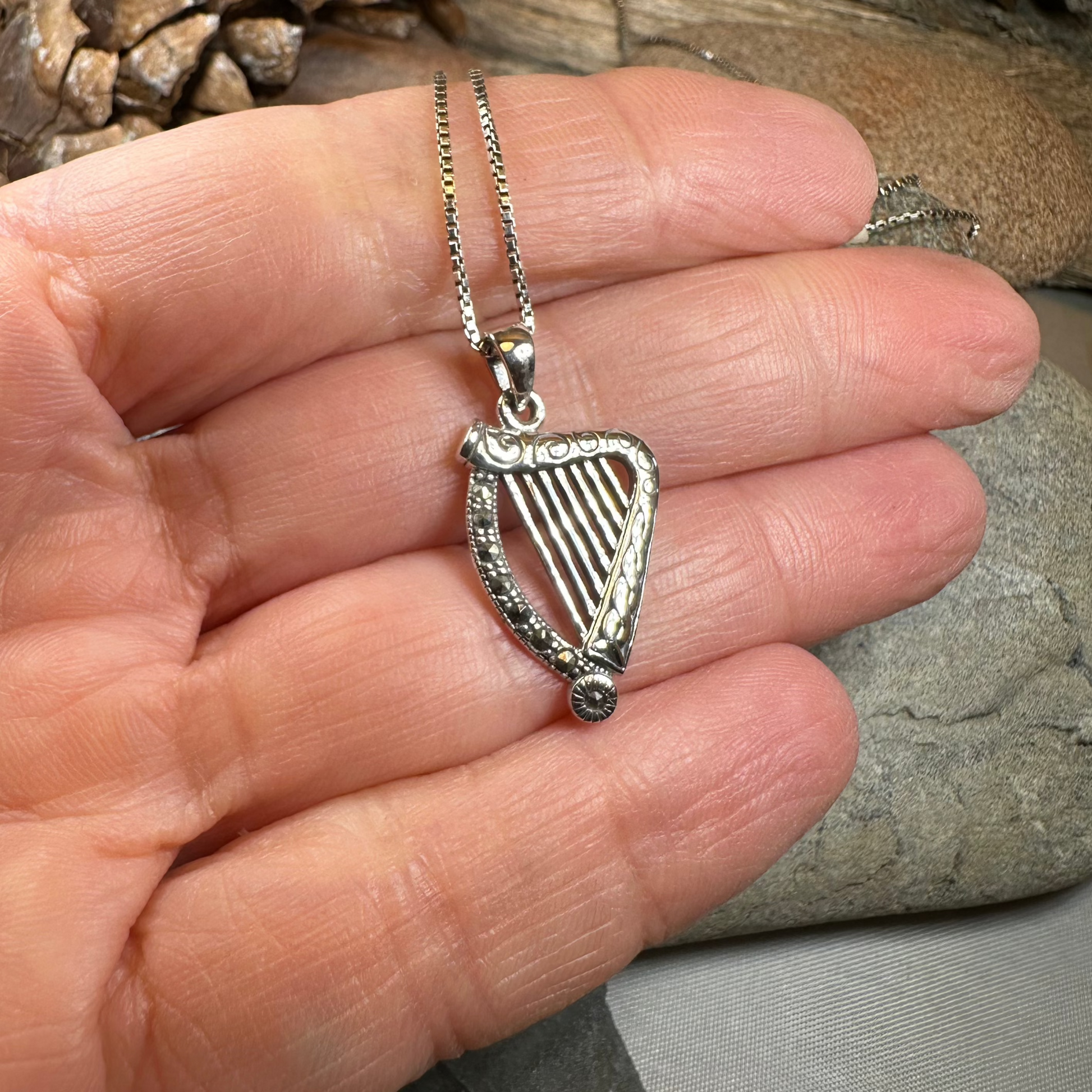 Cinnia Celtic Harp of Ireland Necklace in Sterling Silver — view 5