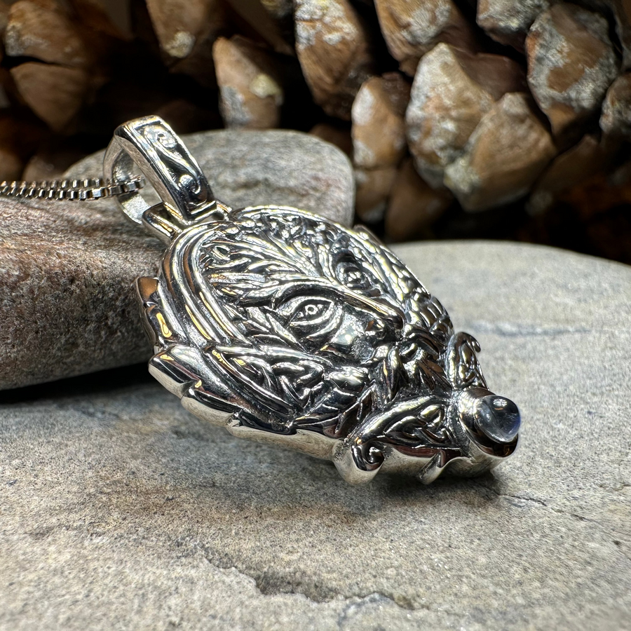 Celtic Oak Green Man Moonstone Necklace in Sterling Silver