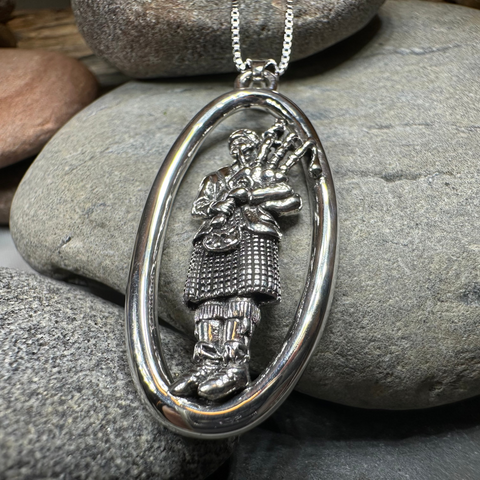 Load image into Gallery viewer, Proud Scottish Bagpiper Necklace in Sterling Silver
