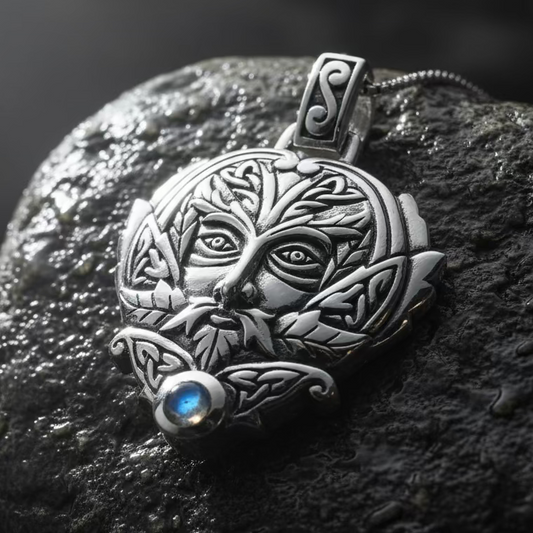 Celtic Oak Green Man Moonstone Necklace in Sterling Silver