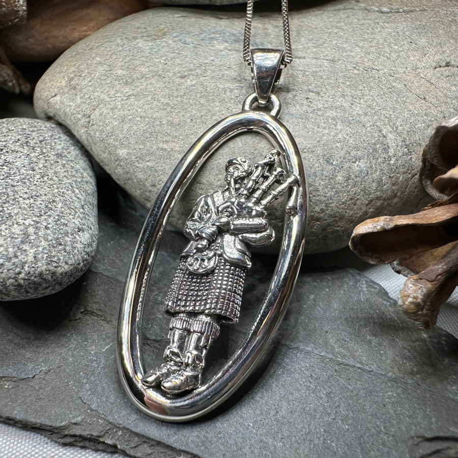 Proud Scottish Bagpiper Necklace in Sterling Silver