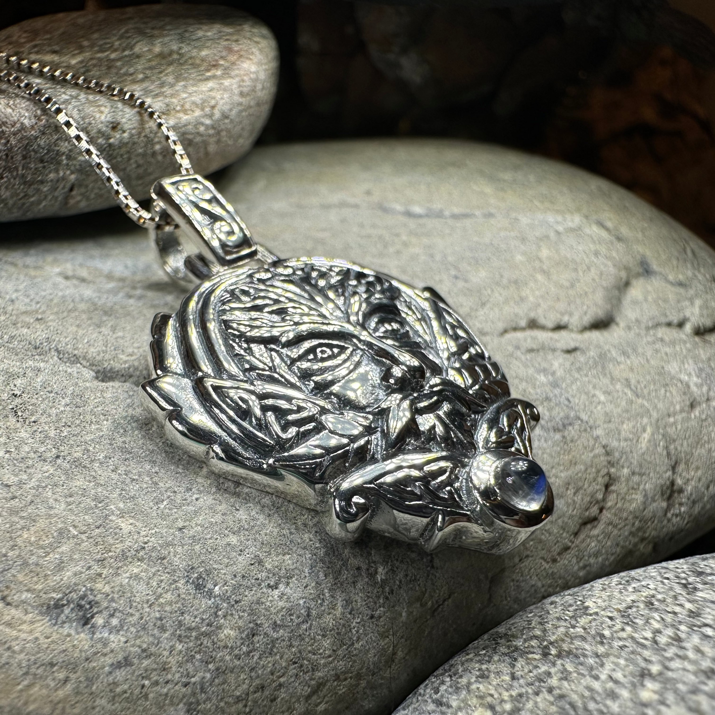 Celtic Oak Green Man Moonstone Necklace in Sterling Silver
