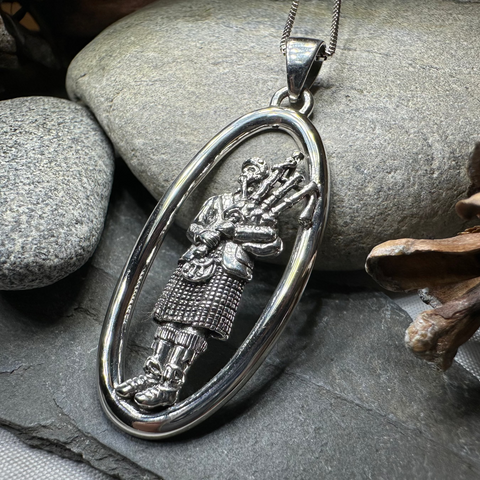 Load image into Gallery viewer, Proud Scottish Bagpiper Necklace in Sterling Silver
