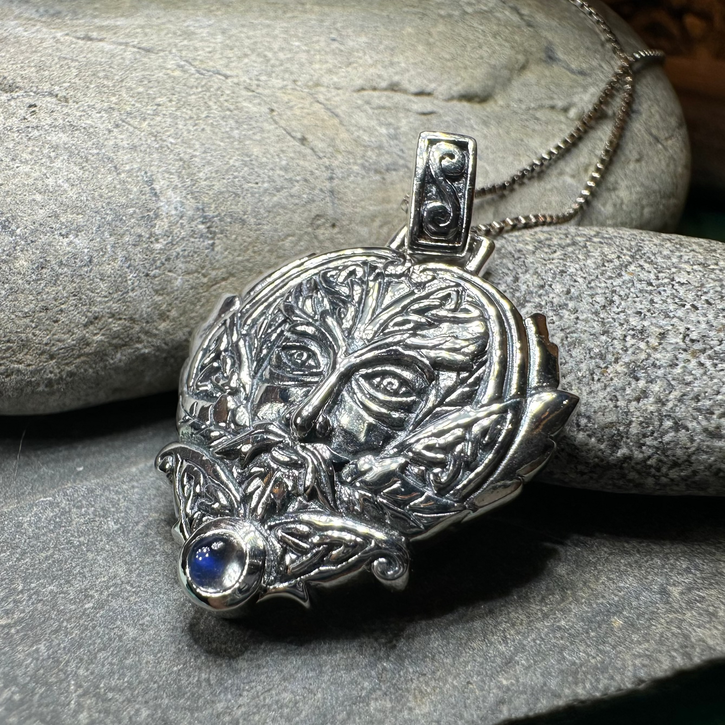 Celtic Oak Green Man Moonstone Necklace in Sterling Silver