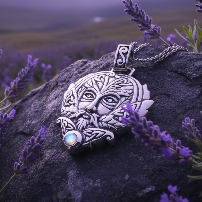 Celtic Oak Green Man Moonstone Necklace in Sterling Silver