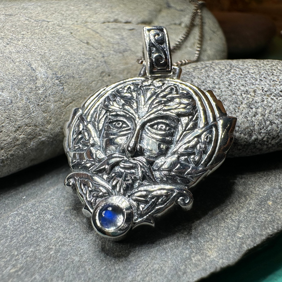 Celtic Oak Green Man Moonstone Necklace in Sterling Silver