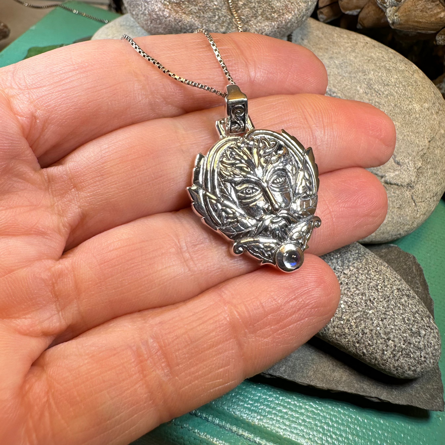 Celtic Oak Green Man Moonstone Necklace in Sterling Silver