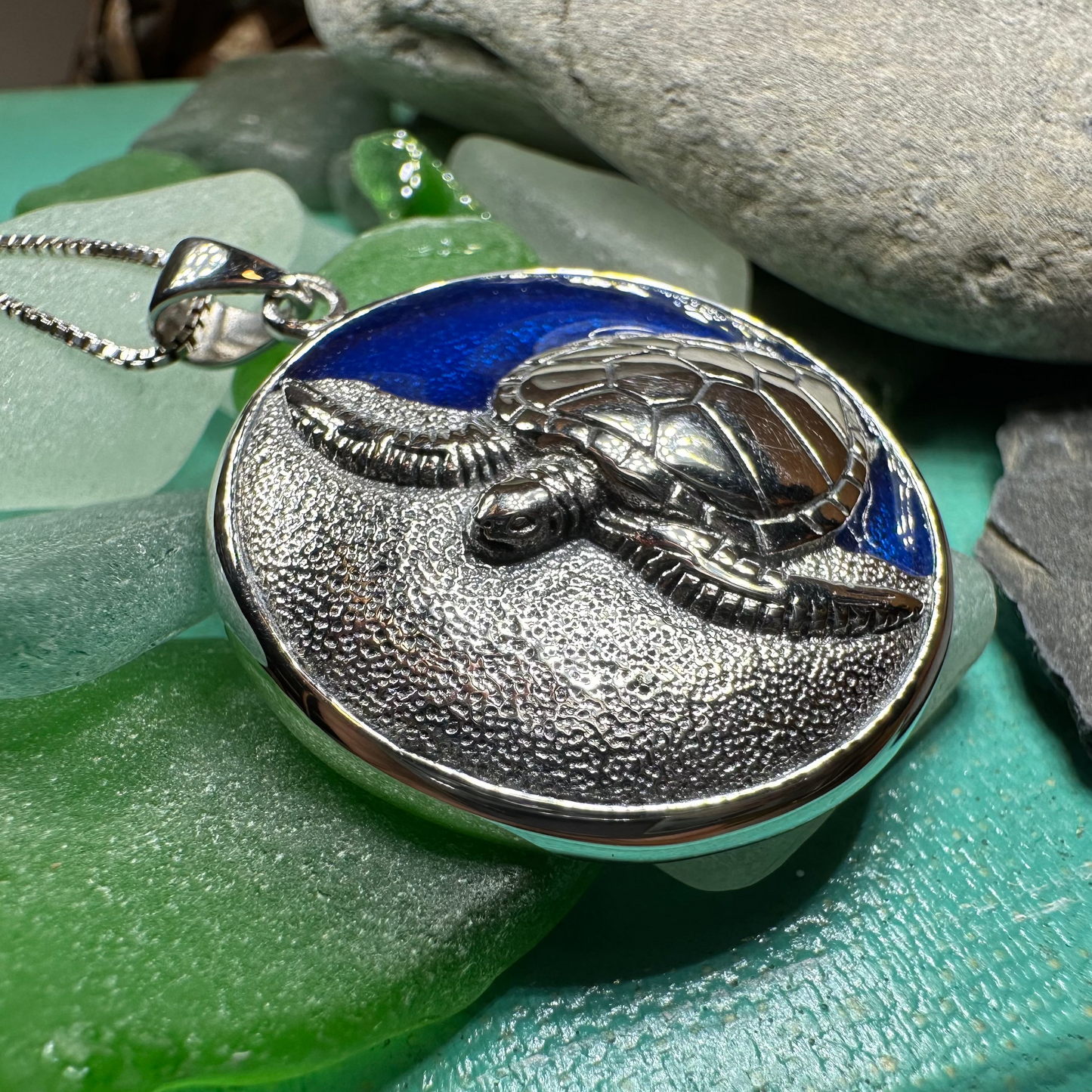 Blue Loggerhead Turtle Necklace in Sterling Silver