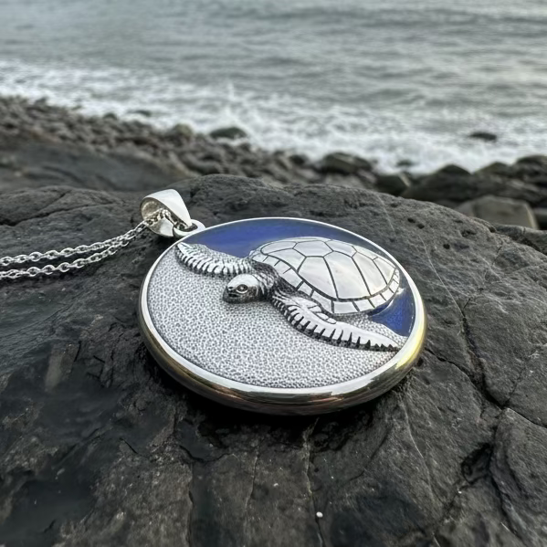Blue Loggerhead Turtle Necklace in Sterling Silver