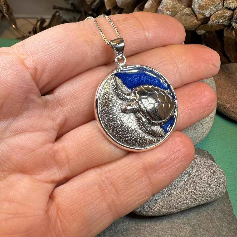 Blue Loggerhead Turtle Necklace in Sterling Silver