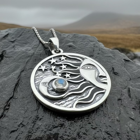 Load image into Gallery viewer, Celestial Wind Moon &amp; Sun Necklace with Moonstone
