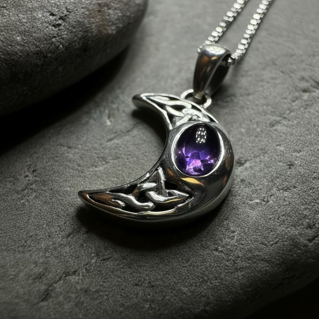 Celtic Crescent Moon Necklace in Sterling Silver — view 2