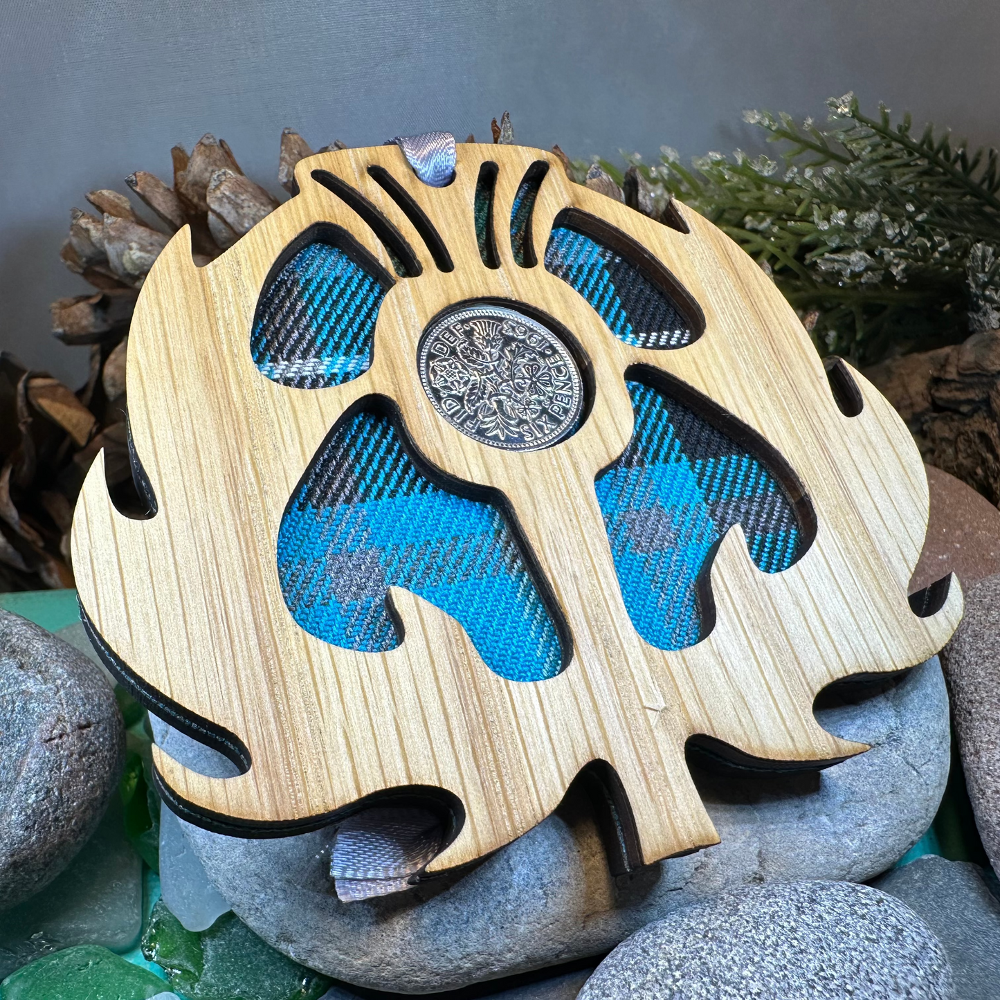 Tartan Thistle Ornament with Lucky Sixpence — view 3
