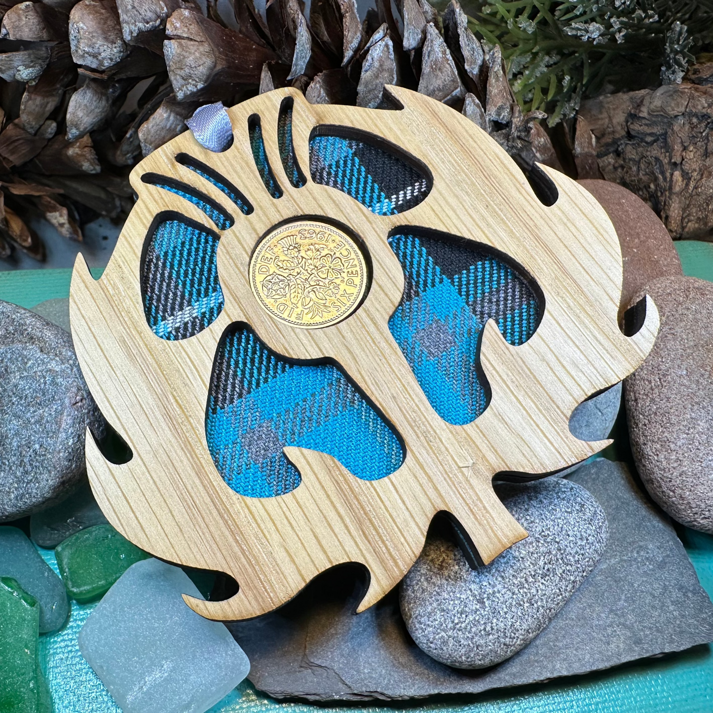 Tartan Thistle Ornament with Lucky Sixpence in wood