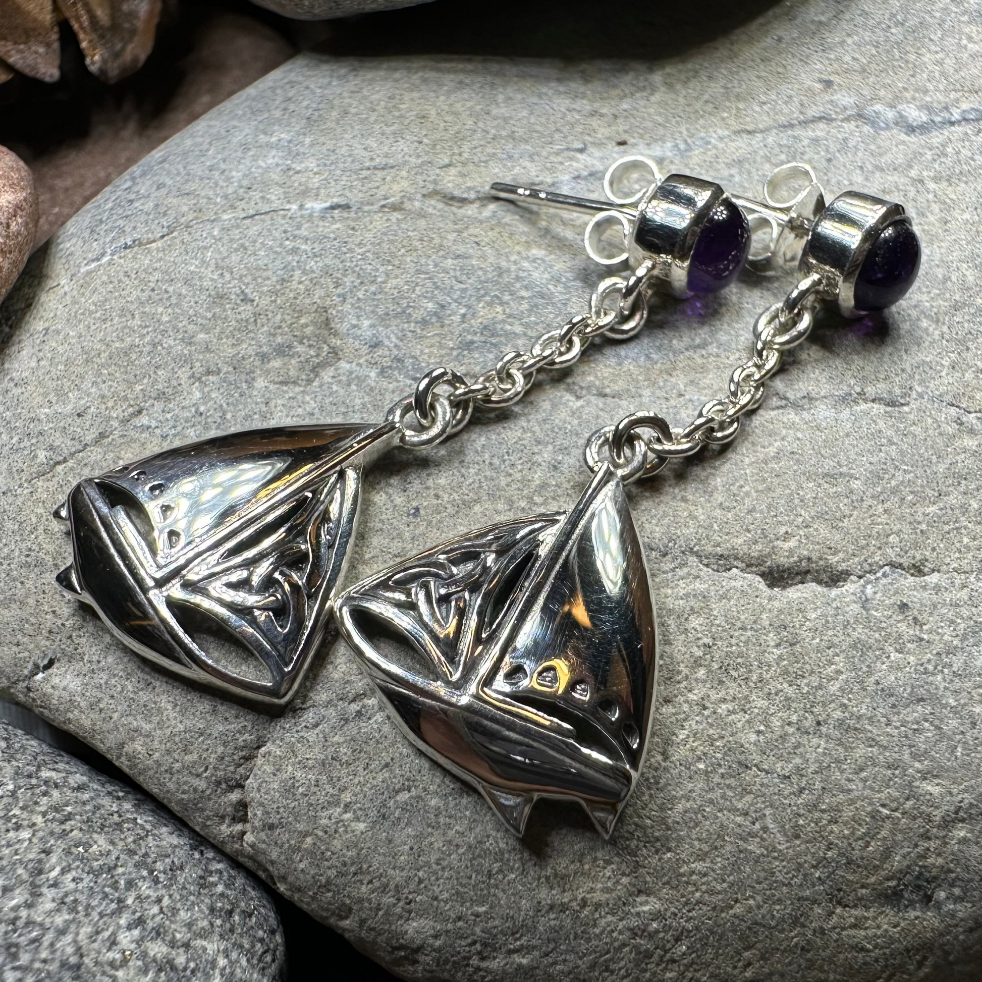 Celtic Sailboat Earrings with Amethysts — view 5