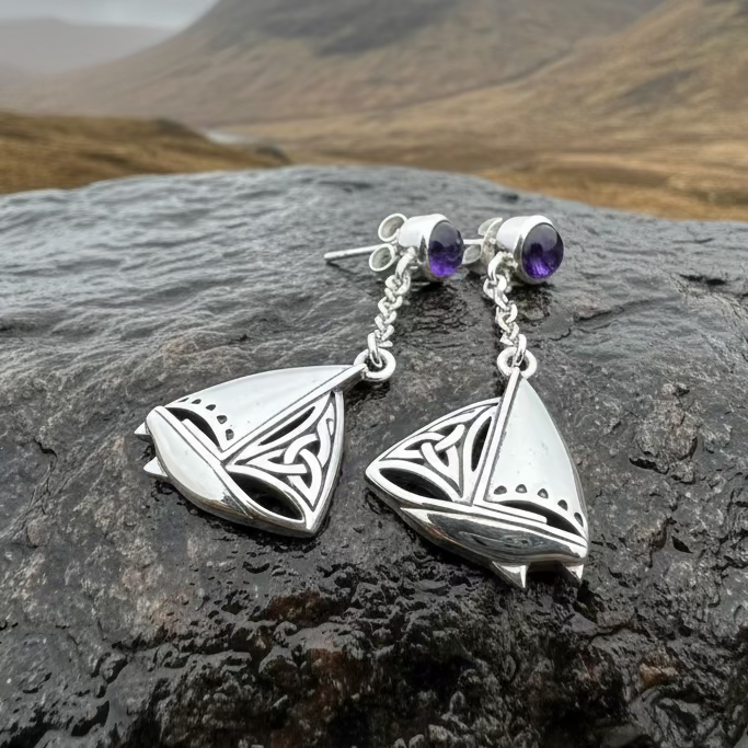 Celtic Sailboat Earrings with Amethysts