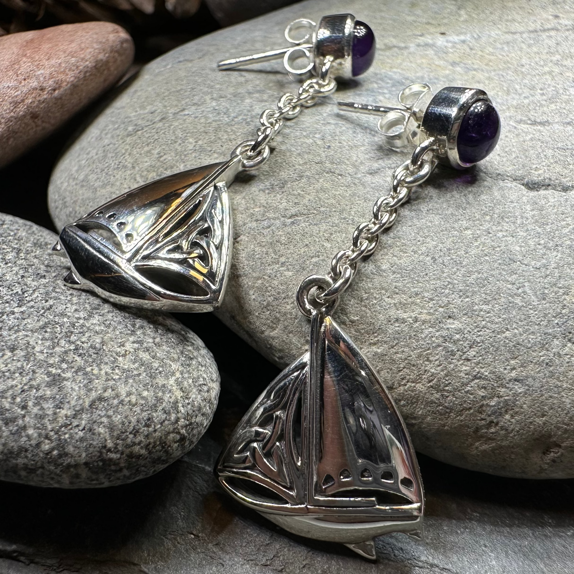Celtic Sailboat Earrings with Amethysts — view 6