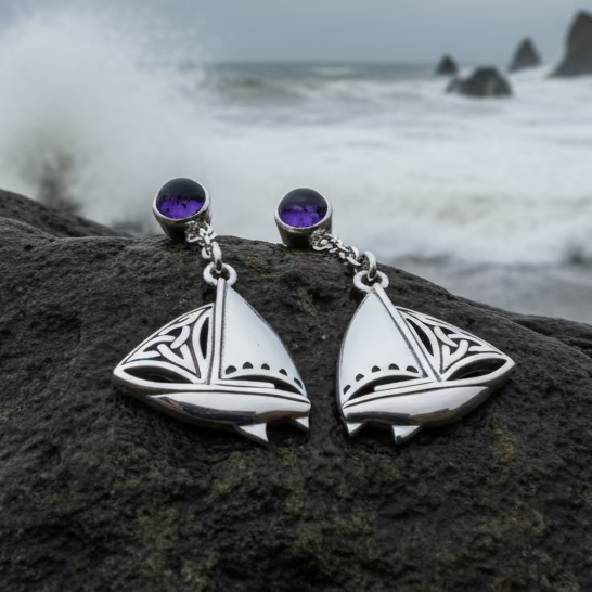 Celtic Sailboat Earrings with Amethysts