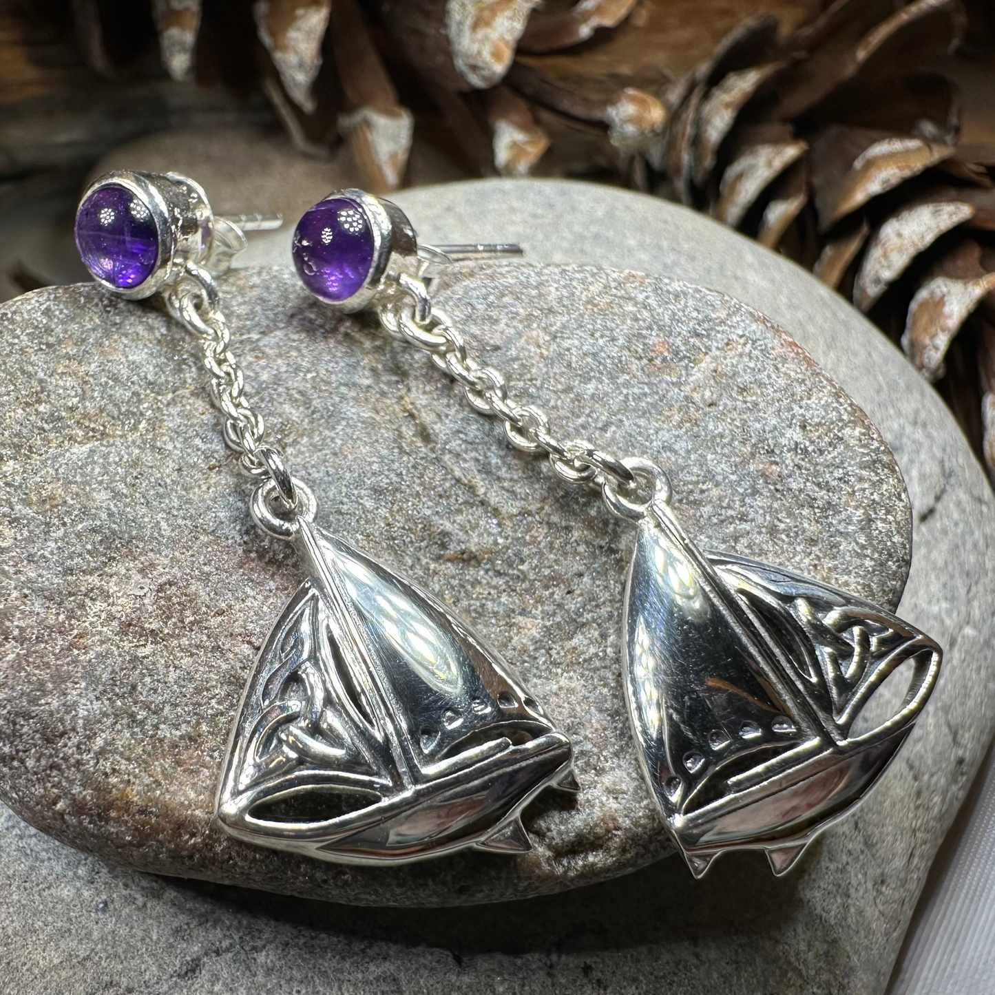 Celtic Sailboat Earrings with Amethysts — view 3