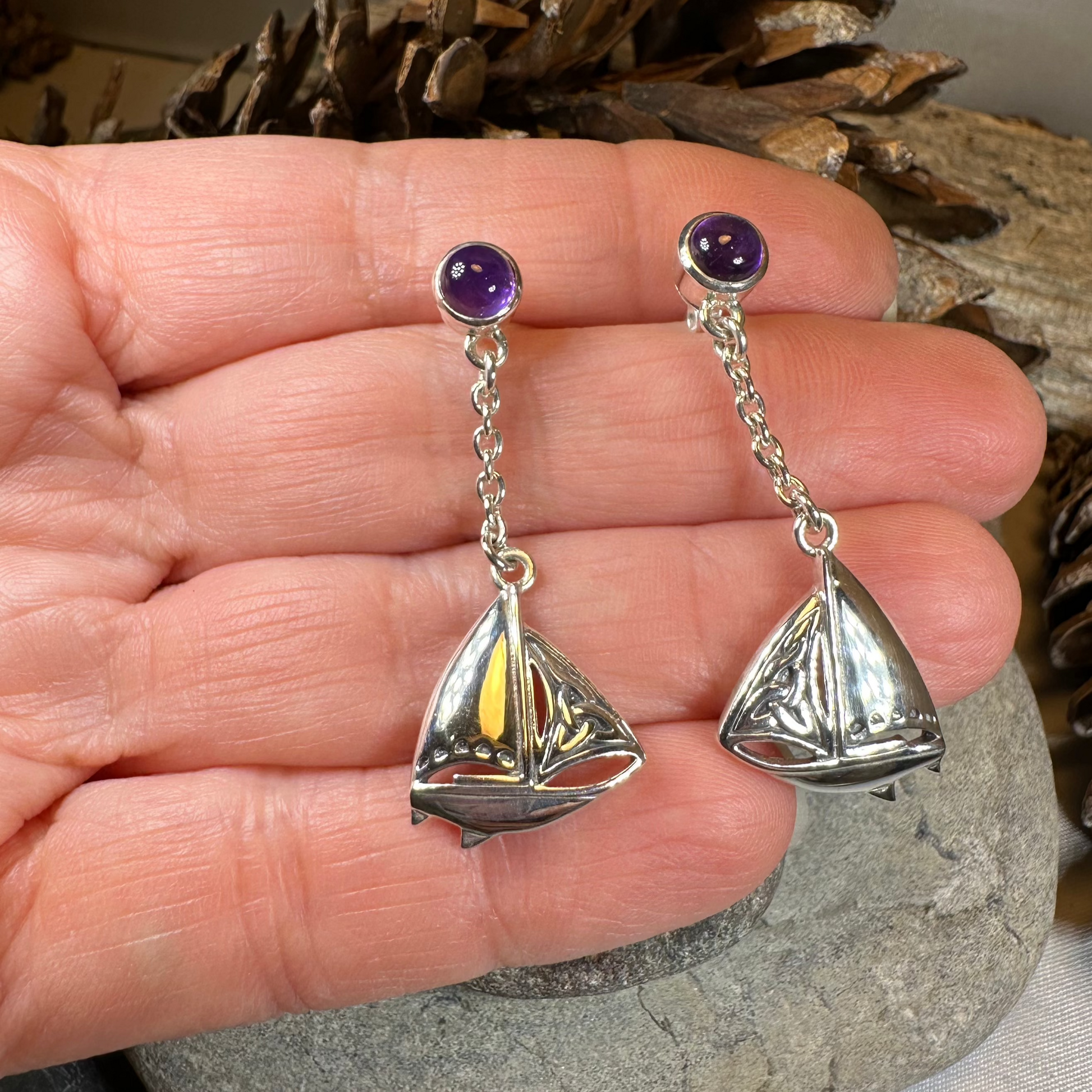 Celtic Sailboat Earrings with Amethysts — view 7