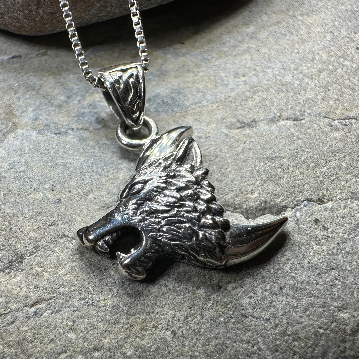 Wolf Crescent Moon Necklace in Sterling Silver