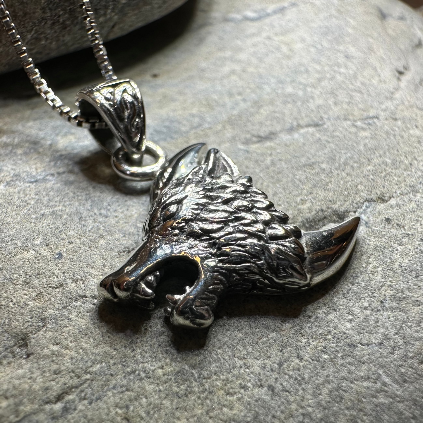 Wolf Crescent Moon Necklace in Sterling Silver