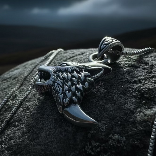 Wolf Crescent Moon Necklace in Sterling Silver