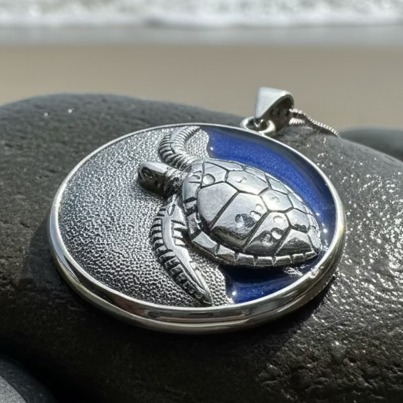 Blue Loggerhead Turtle Necklace in Sterling Silver