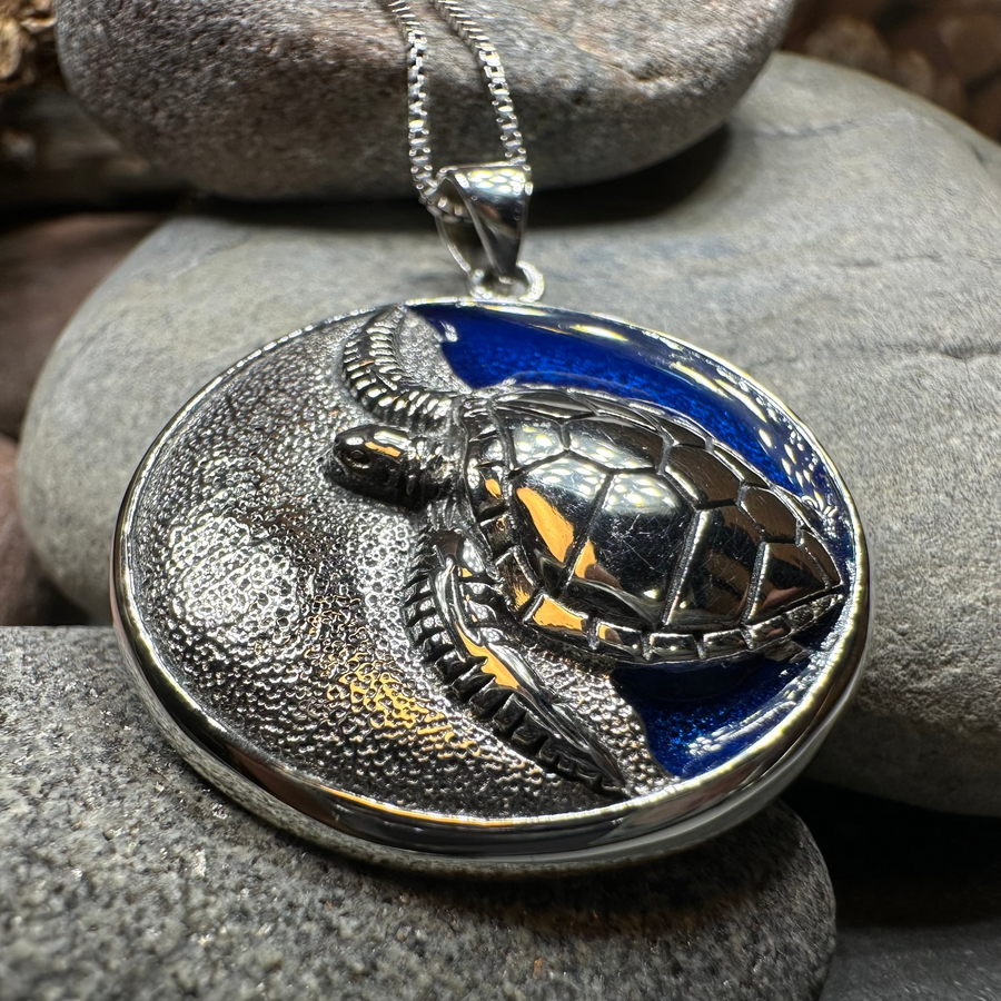 Blue Loggerhead Turtle Necklace in Sterling Silver
