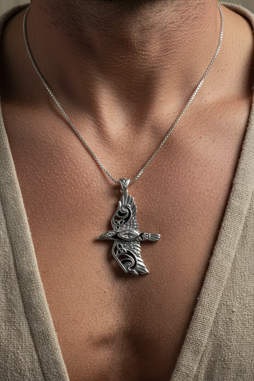 Oryx Celtic Raven Necklace in Sterling Silver — view 11