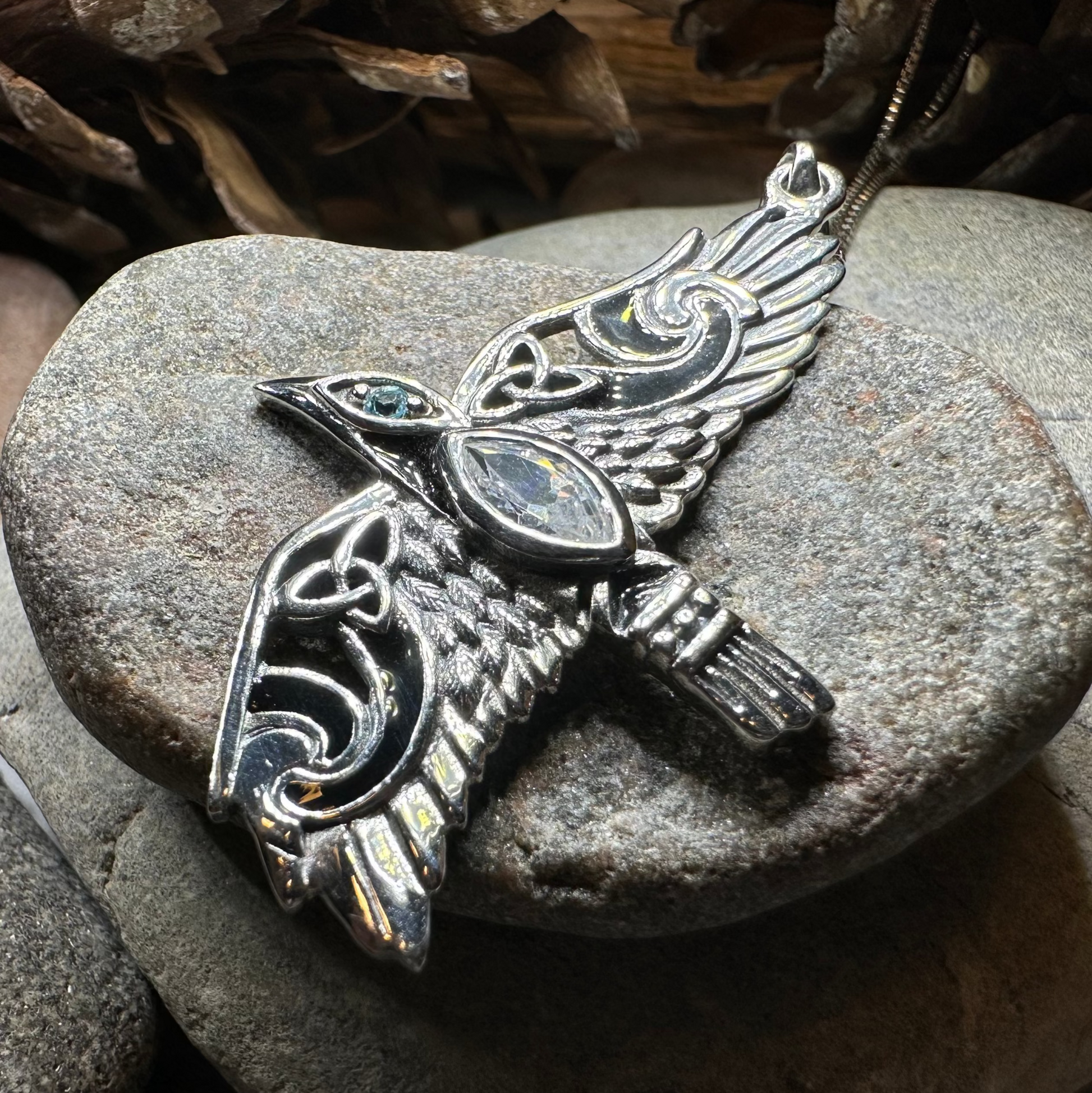 Oryx Celtic Raven Necklace in Sterling Silver — view 7