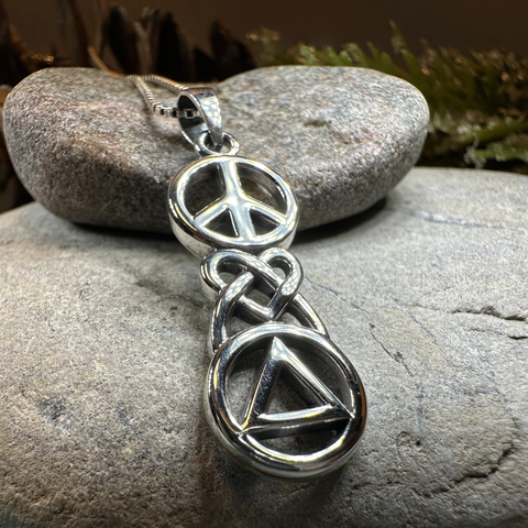 Load image into Gallery viewer, Peace, Love, &amp; Sobriety Celtic AA Necklace in Sterling Silver
