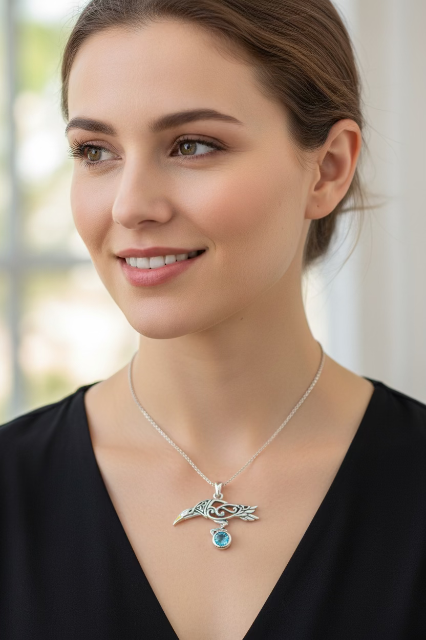 Watcher Celtic Raven Necklace in Sterling Silver — view 3