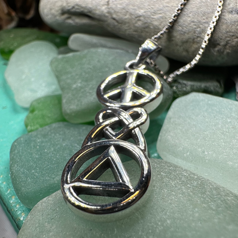 Load image into Gallery viewer, Peace, Love, &amp; Sobriety Celtic AA Necklace in Sterling Silver

