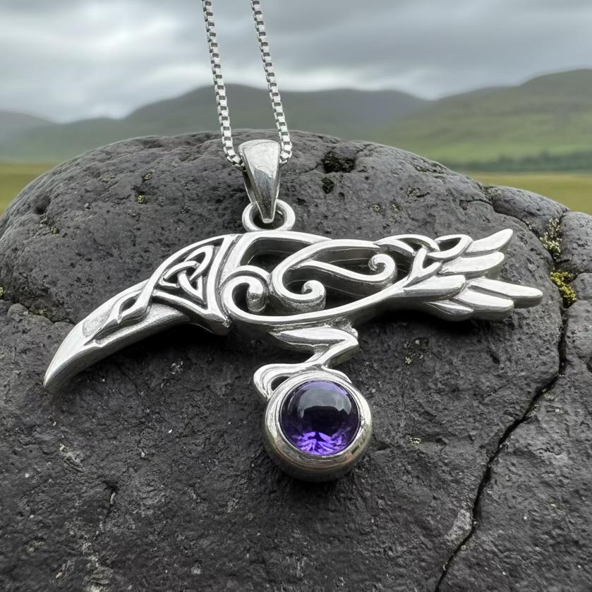 Watcher Celtic Raven Necklace in Sterling Silver