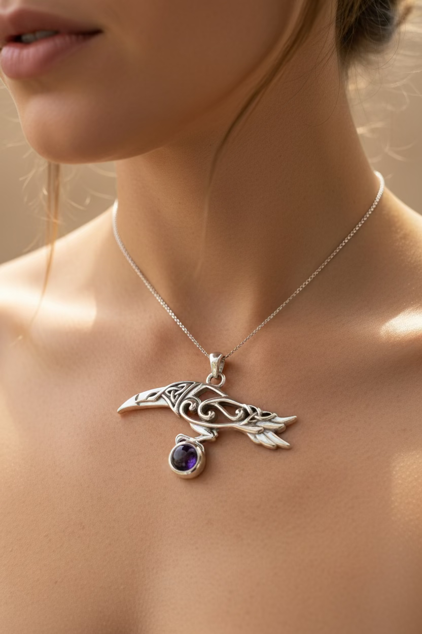 Watcher Celtic Raven Necklace in Sterling Silver — view 8