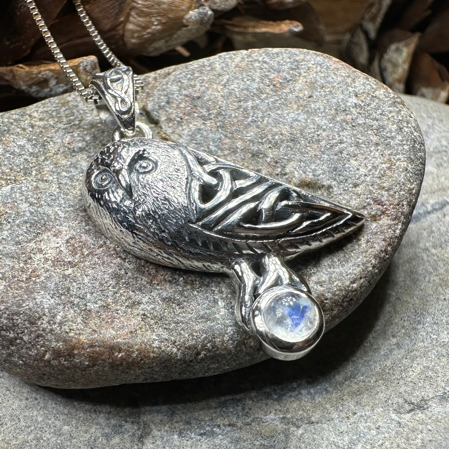 Minerva Celtic Owl Necklace in Sterling Silver — view 3