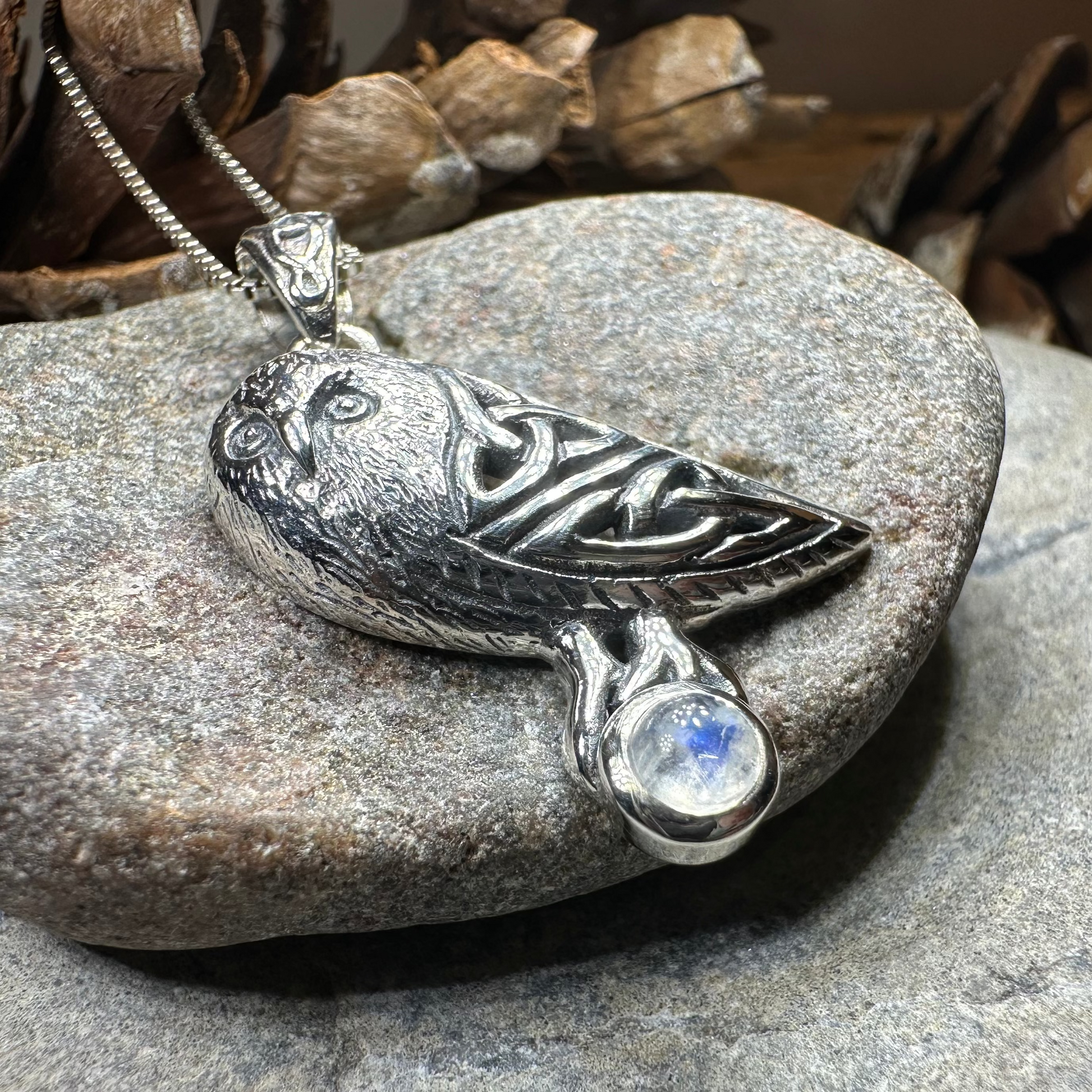 Minerva Celtic Owl Necklace in Sterling Silver — view 8