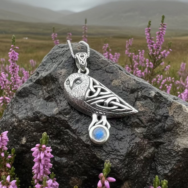 Minerva Celtic Owl Necklace in Sterling Silver