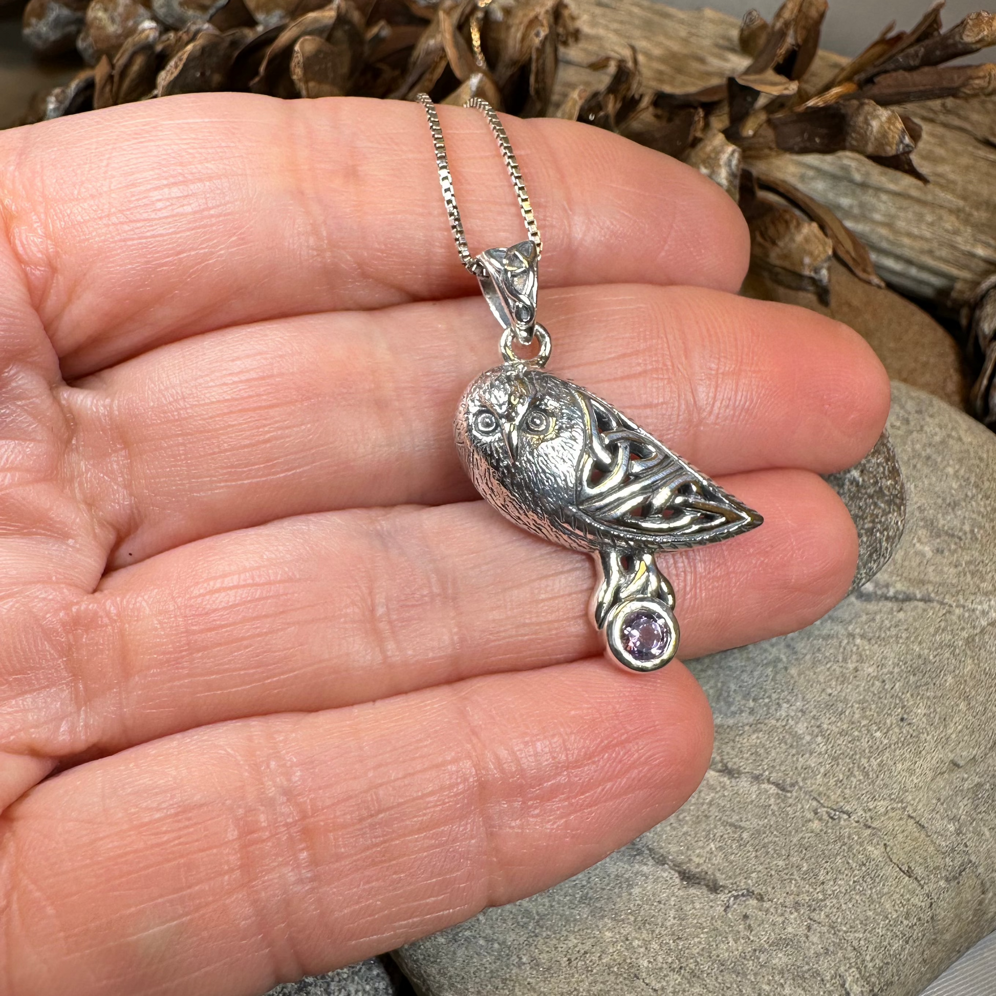 Minerva Celtic Owl Necklace in Sterling Silver — view 6