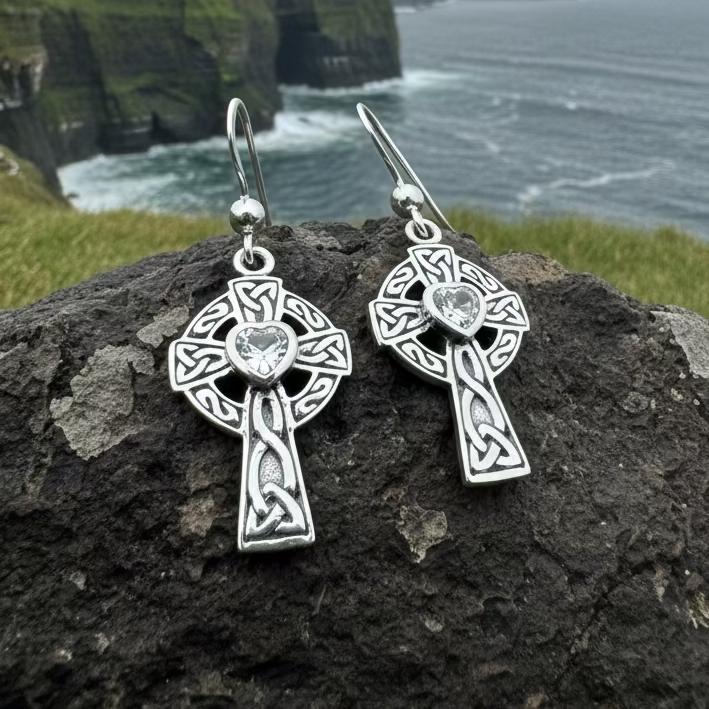 Celtic Cross Heart Earrings in silver