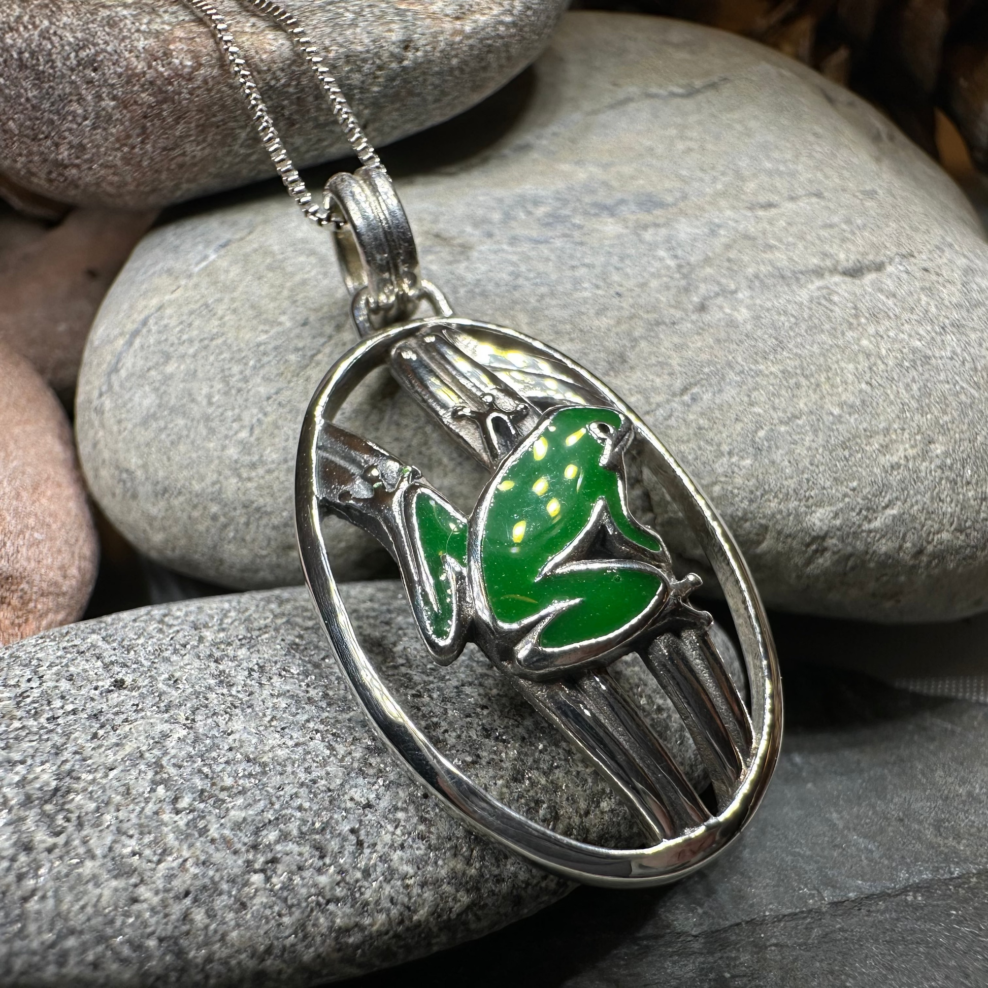 Enamel Green Frog Necklace in Sterling Silver — view 9