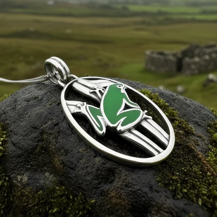 Enamel Green Frog Necklace in Sterling Silver
