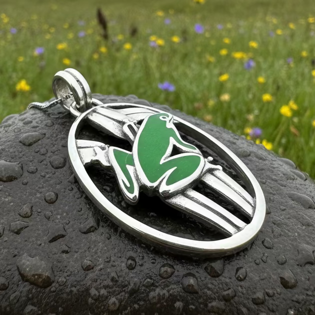 Enamel Green Frog Necklace in Sterling Silver — view 5