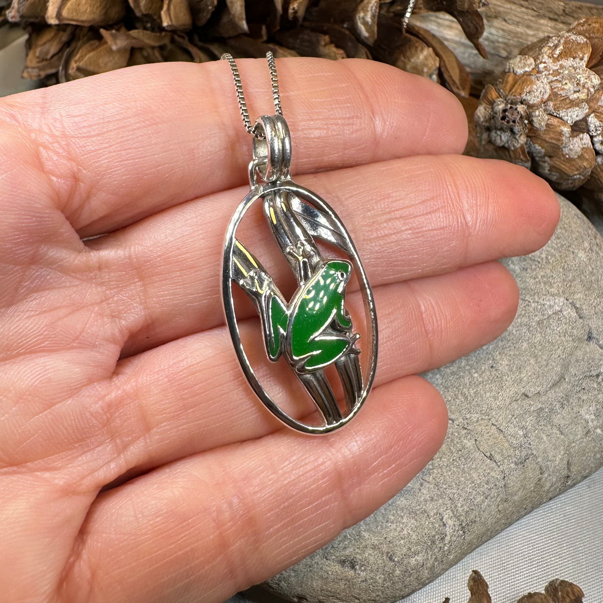 Enamel Green Frog Necklace in Sterling Silver — view 6