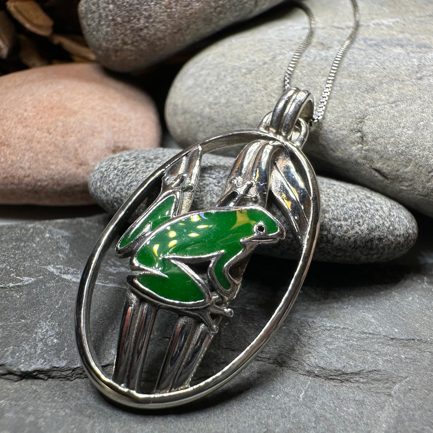 Enamel Green Frog Necklace in Sterling Silver — view 2